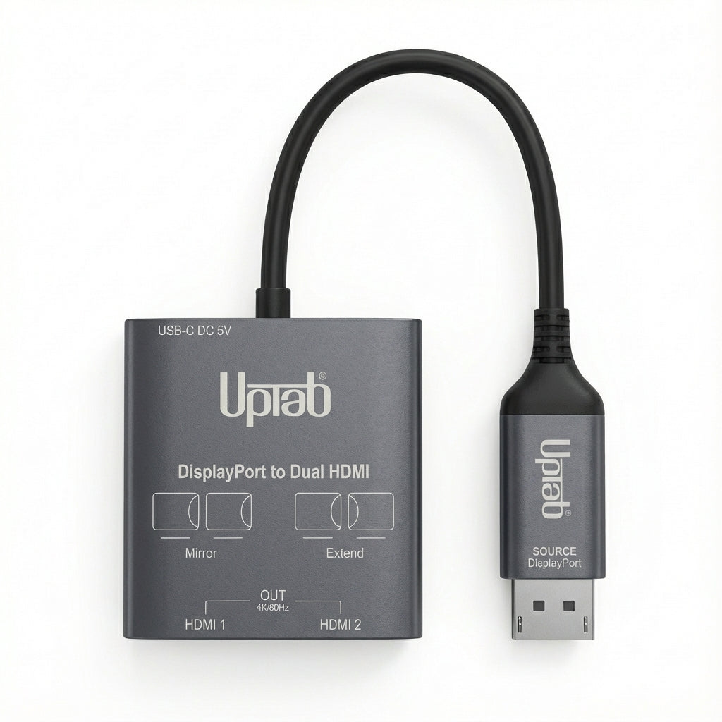 DisplayPort to Dual HDMI adapter with Uplat branding on a white background